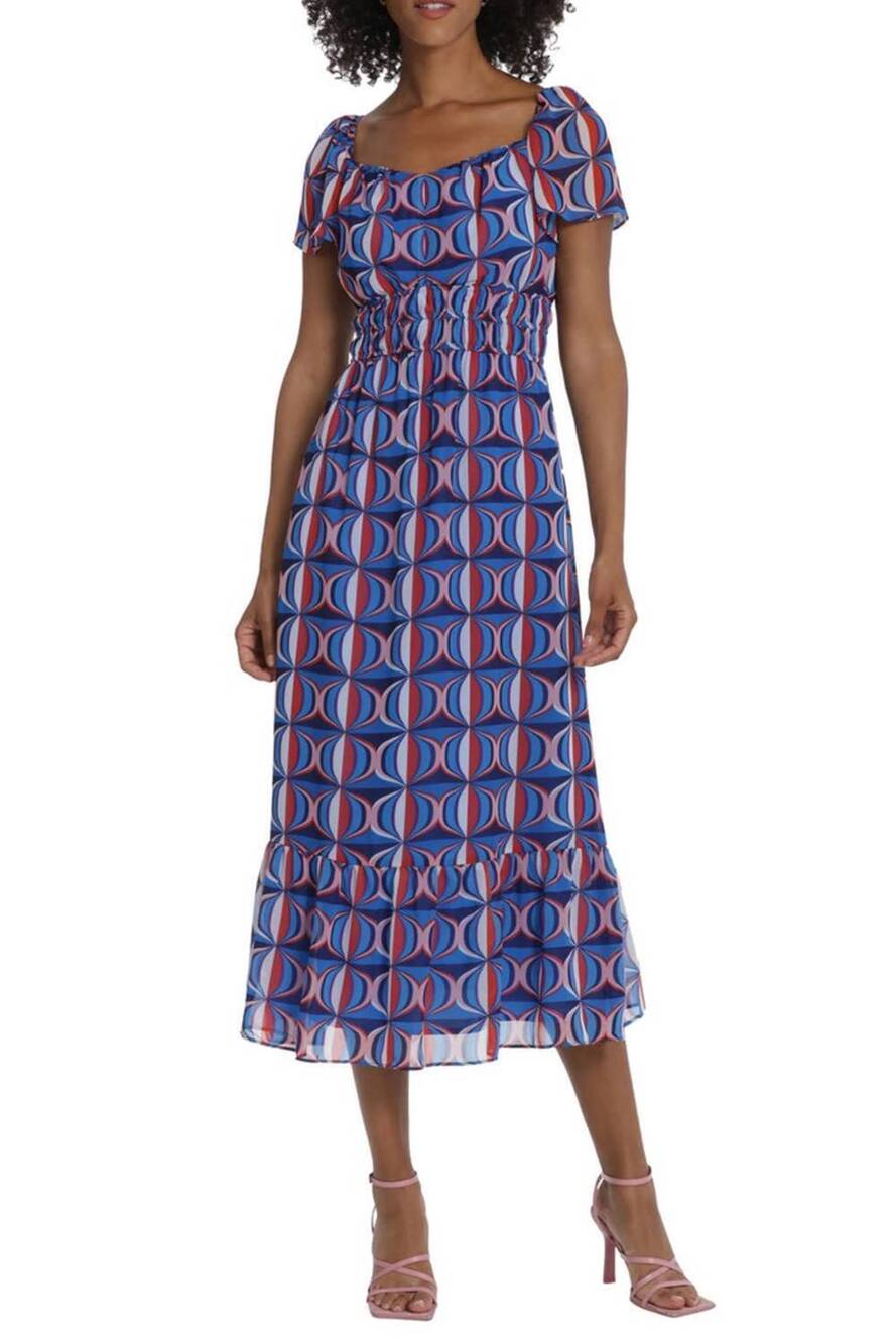 NEW MAGGY LONDON geometric smocked waist midi dress in bright blue